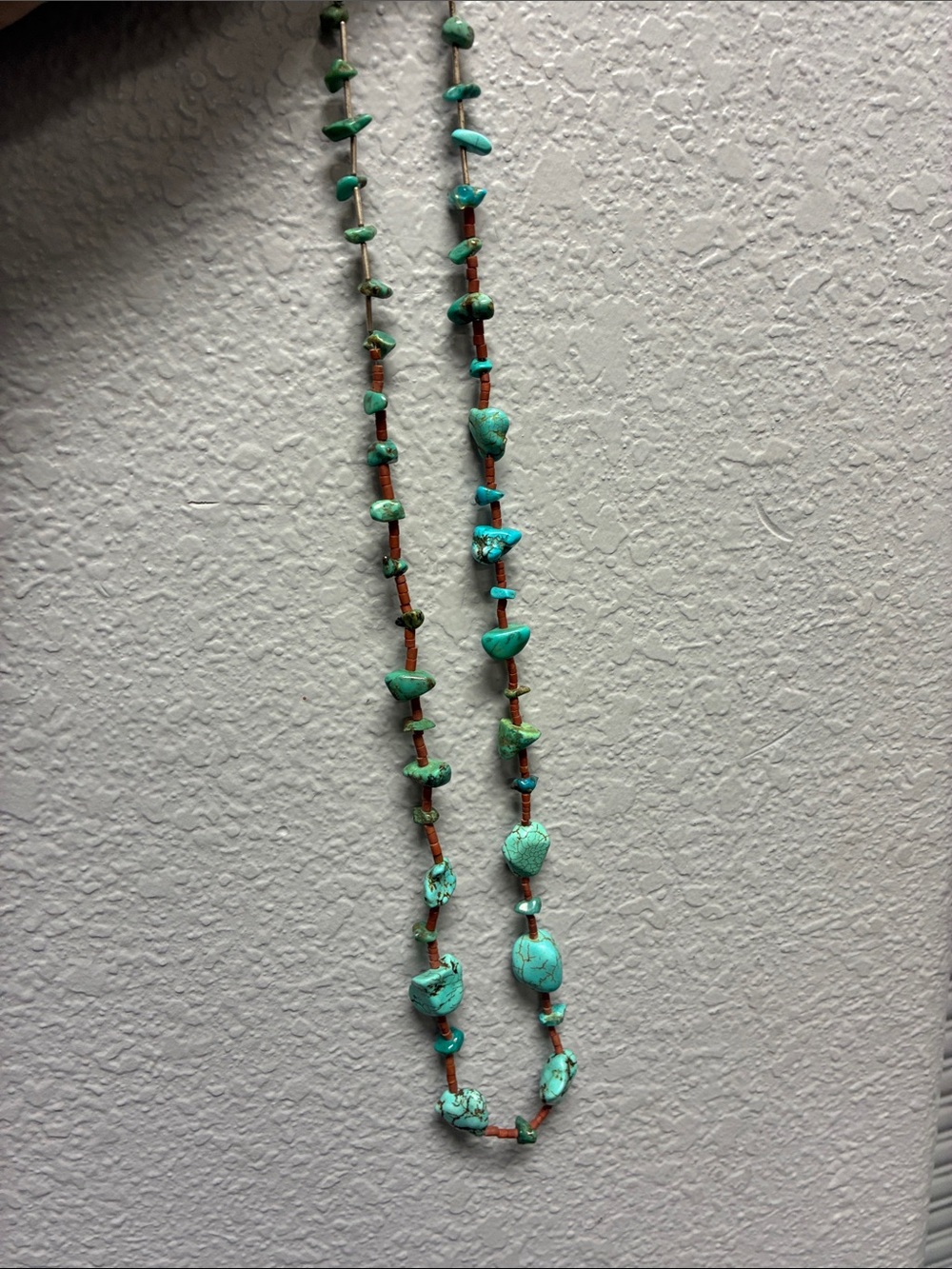 Blue and Green Chip & Nugget Turquoise Necklace with Silver Tube & Heishi Bead.